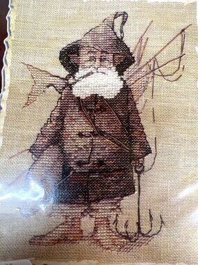 Nimue Counted Cross-Stitch Pattern "The Fisherman" On 32 Count Vintage Linen